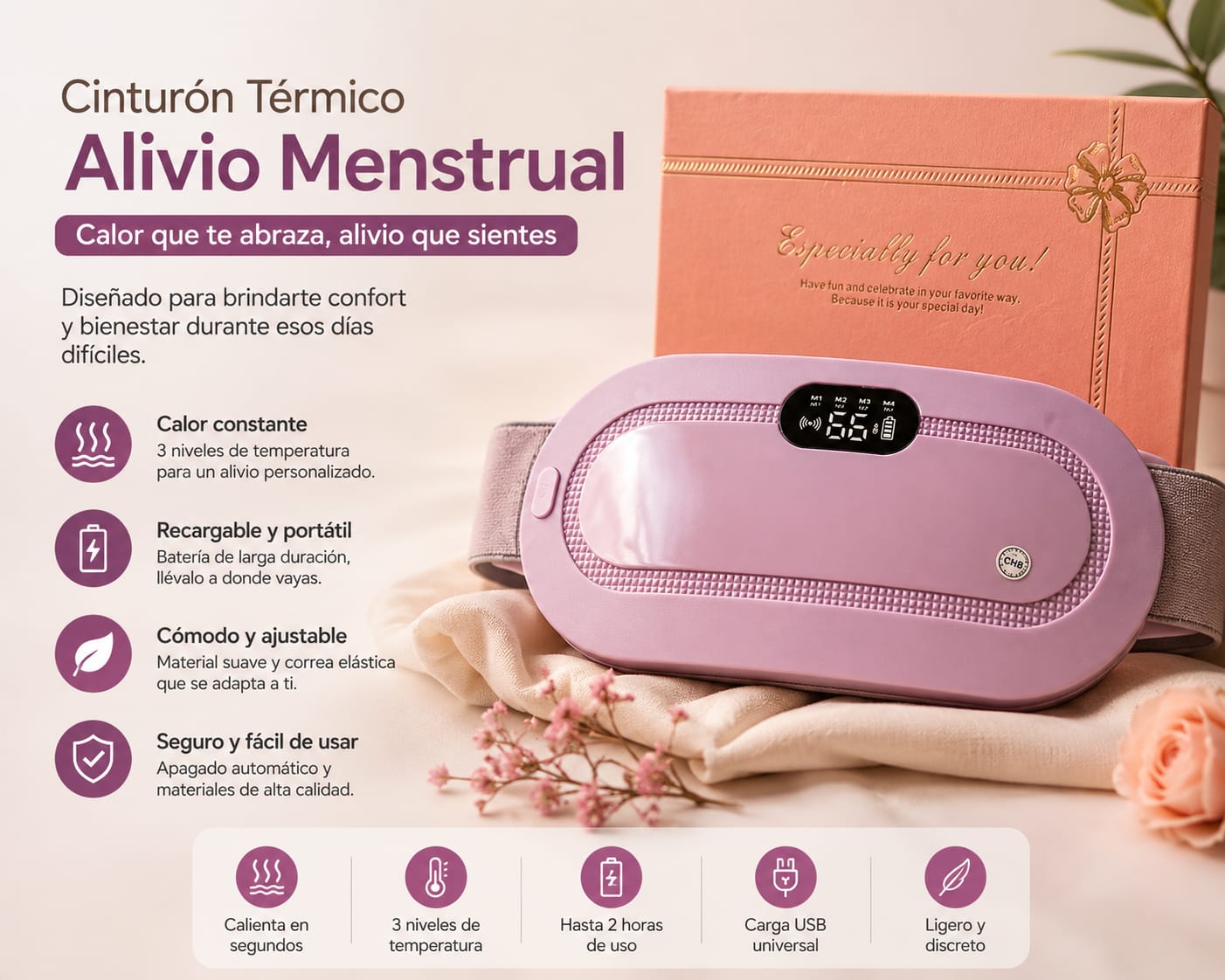Cinturón Térmico Alivio Menstrual – 3 niveles de temperatura, recargable y portátil